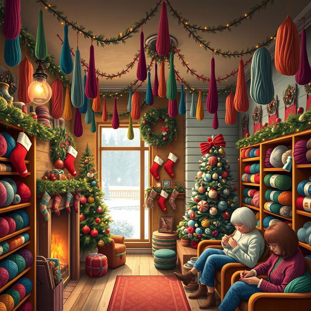 A cozy Christmas-themed yarn shop with colorful yarns hanging from the ceiling, a warm fireplace with stockings, and decorations such as twinkling lights, garlands, and a Christmas tree