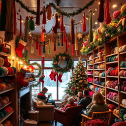 A cozy Christmas-themed yarn shop with colorful yarns hanging from the ceiling, a warm fireplace with stockings, and decorations such as twinkling lights, garlands, and a Christmas tree