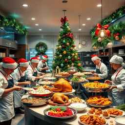 A festive and vibrant food industry company scene during Christmas, showcasing a bustling kitchen filled with chefs preparing holiday meals