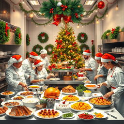 A festive and vibrant food industry company scene during Christmas, showcasing a bustling kitchen filled with chefs preparing holiday meals