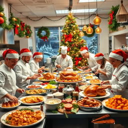 A festive and vibrant food industry company scene during Christmas, showcasing a bustling kitchen filled with chefs preparing holiday meals