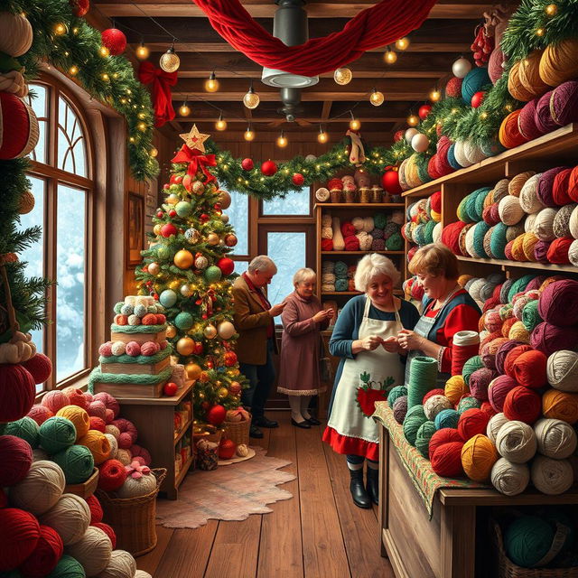 A cozy yarn shop decorated for Christmas, filled with colorful skeins of yarn in vibrant reds, greens, and whites