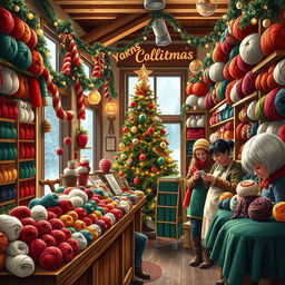 A cozy yarn shop decorated for Christmas, filled with colorful skeins of yarn in vibrant reds, greens, and whites