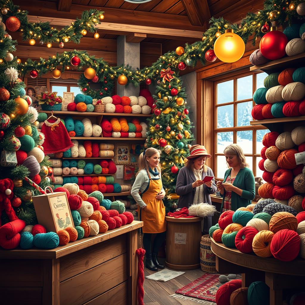A cozy yarn shop decorated for Christmas, filled with colorful skeins of yarn in vibrant reds, greens, and whites