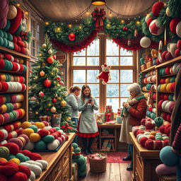 A cozy yarn shop decorated for Christmas, filled with colorful skeins of yarn in vibrant reds, greens, and whites