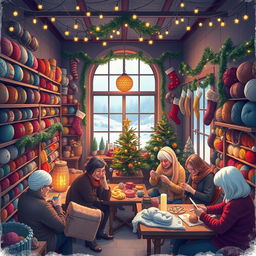 A cozy and festive yarn shop decorated for Christmas
