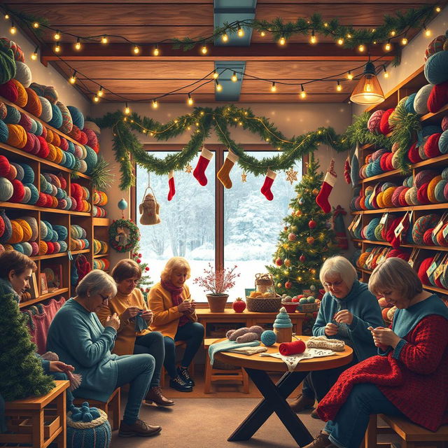 A cozy and festive yarn shop decorated for Christmas