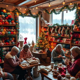 A cozy and festive yarn shop decorated for Christmas