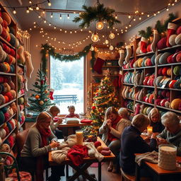 A cozy and festive yarn shop decorated for Christmas
