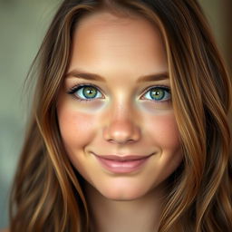 A close-up portrait of a person with a captivating, full face, featuring striking green eyes and long, wavy brown hair cascading over their shoulders