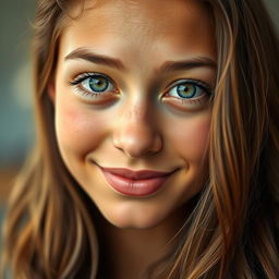 A close-up portrait of a person with a captivating, full face, featuring striking green eyes and long, wavy brown hair cascading over their shoulders