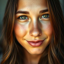 A close-up portrait of a person with a captivating, full face, featuring striking green eyes and long, wavy brown hair cascading over their shoulders