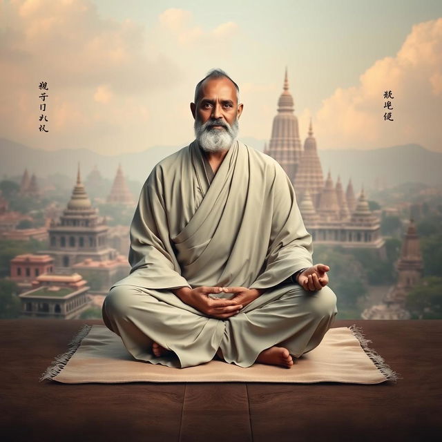 A serene scene depicting a man in a yoga meditation posture, seated cross-legged on a soft mat