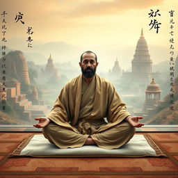 A serene scene depicting a man in a yoga meditation posture, seated cross-legged on a soft mat