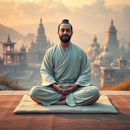 A serene scene depicting a man in a yoga meditation posture, seated cross-legged on a soft mat