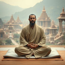 A serene scene depicting a man in a yoga meditation posture, seated cross-legged on a soft mat