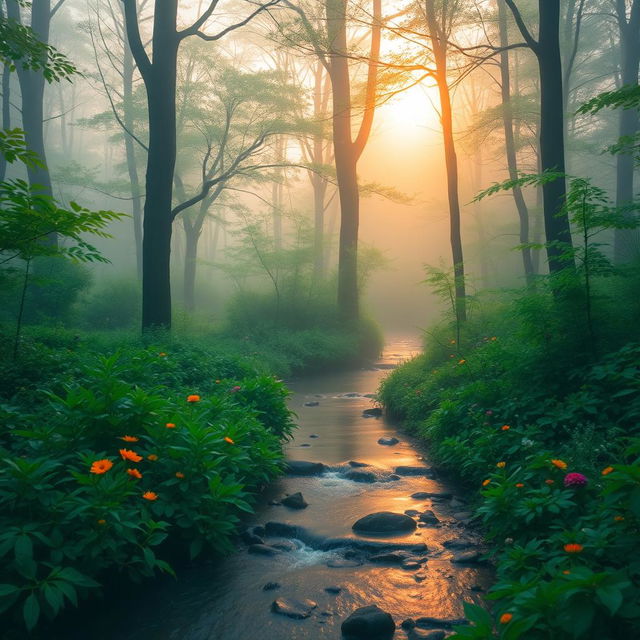 A serene landscape featuring a tranquil, misty forest at dawn with soft sunlight peeking through the trees