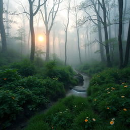 A serene landscape featuring a tranquil, misty forest at dawn with soft sunlight peeking through the trees