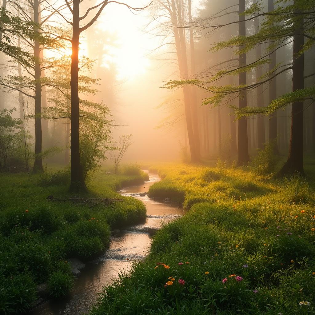 A serene landscape featuring a tranquil, misty forest at dawn with soft sunlight peeking through the trees