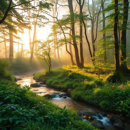 A serene landscape featuring a tranquil, misty forest at dawn with soft sunlight peeking through the trees