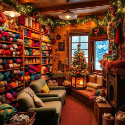 A cozy, festive yarn shop adorned with colorful Christmas decorations