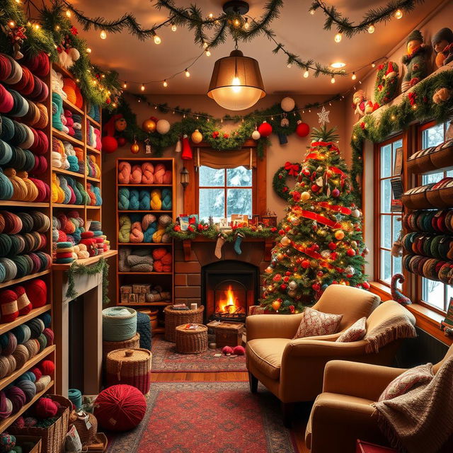 A cozy, festive yarn shop adorned with colorful Christmas decorations