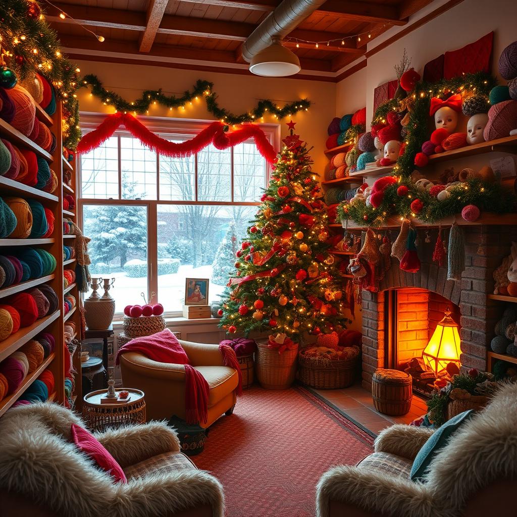 A cozy, festive yarn shop adorned with colorful Christmas decorations