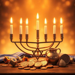 A realistic image of a Hanukkah menorah featuring 8 branches and a central shamash candle, all beautifully lit