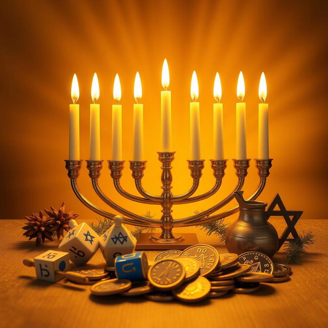 A realistic image of a Hanukkah menorah featuring 8 branches and a central shamash candle, all beautifully lit