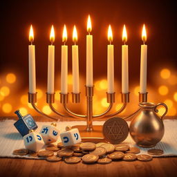 A realistic image of a Hanukkah menorah featuring 8 branches and a central shamash candle, all beautifully lit