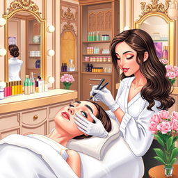 A detailed illustration of a beauty salon's interior, focusing on the microblading process
