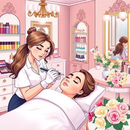 A detailed illustration of a beauty salon's interior, focusing on the microblading process