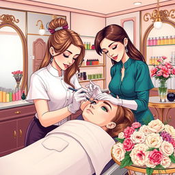 A detailed illustration of a beauty salon's interior, focusing on the microblading process