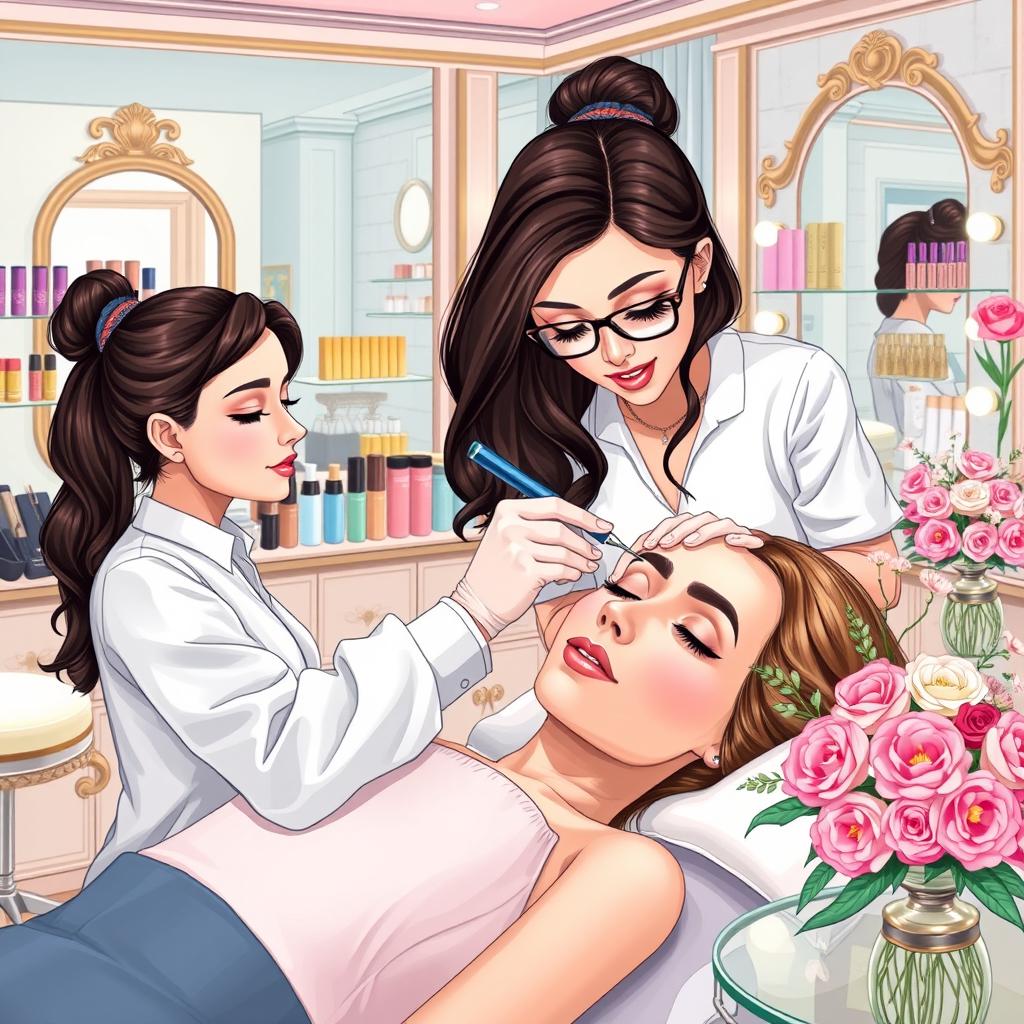A detailed illustration of a beauty salon's interior, focusing on the microblading process
