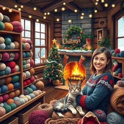 A cozy yarn shop decorated for Christmas, with colorful yarns displayed on wooden shelves, twinkling fairy lights strung overhead, and a warm fireplace in the corner