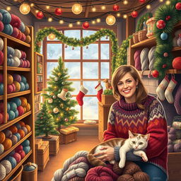 A cozy yarn shop decorated for Christmas, with colorful yarns displayed on wooden shelves, twinkling fairy lights strung overhead, and a warm fireplace in the corner