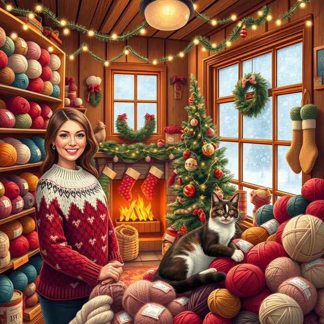 A cozy yarn shop decorated for Christmas, with colorful yarns displayed on wooden shelves, twinkling fairy lights strung overhead, and a warm fireplace in the corner