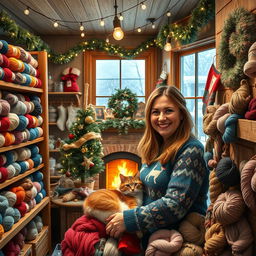 A cozy yarn shop decorated for Christmas, with colorful yarns displayed on wooden shelves, twinkling fairy lights strung overhead, and a warm fireplace in the corner
