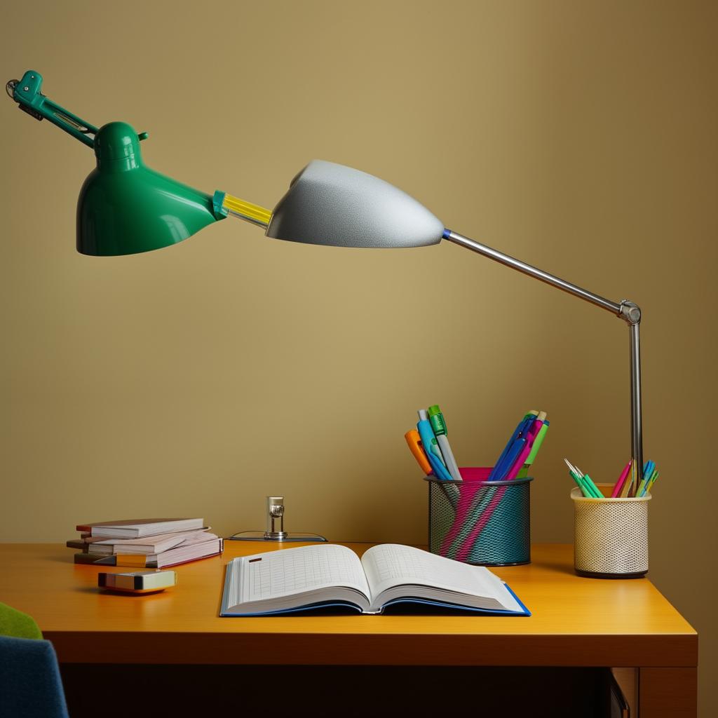 A well-organized study table with a book, a lamp, and stationery