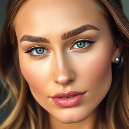 A close-up portrait of a stunningly beautiful woman with perfectly shaped eyebrows, showcasing the art of microblading