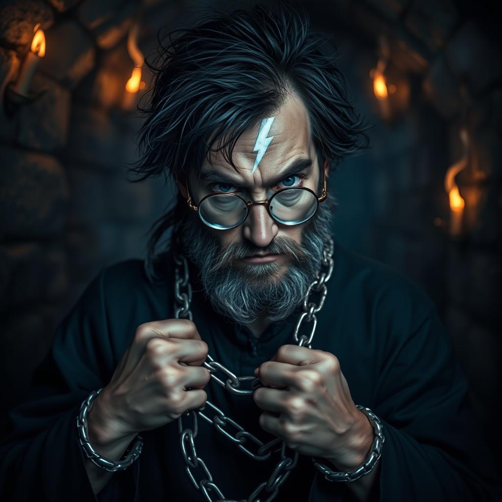 A dramatic scene featuring a wizard with tousled black hair, wearing round glasses and a famous lightning bolt scar on his forehead