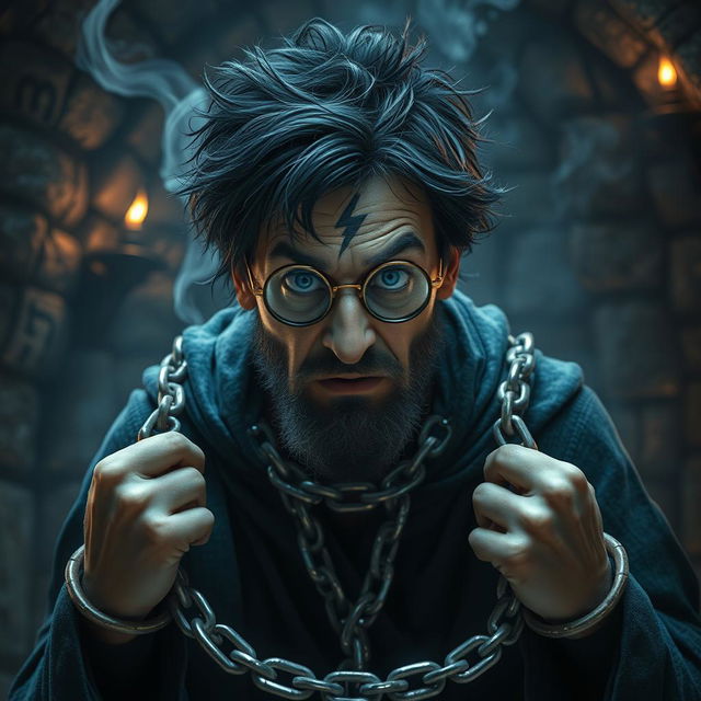 A dramatic scene featuring a wizard with tousled black hair, wearing round glasses and a famous lightning bolt scar on his forehead