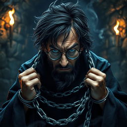 A dramatic scene featuring a wizard with tousled black hair, wearing round glasses and a famous lightning bolt scar on his forehead