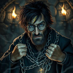 A dramatic scene featuring a wizard with tousled black hair, wearing round glasses and a famous lightning bolt scar on his forehead