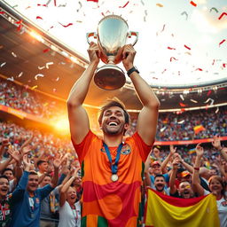 A jubilant athlete holding a gleaming trophy high above their head, surrounded by cheering fans in a vibrant stadium