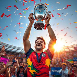 A jubilant athlete holding a gleaming trophy high above their head, surrounded by cheering fans in a vibrant stadium