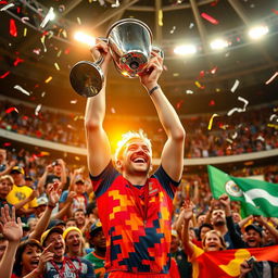 A jubilant athlete holding a gleaming trophy high above their head, surrounded by cheering fans in a vibrant stadium