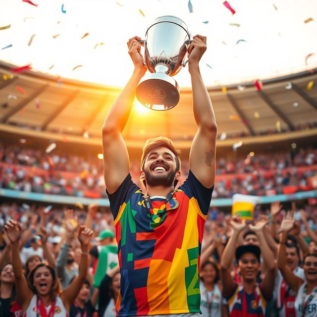 A jubilant athlete holding a gleaming trophy high above their head, surrounded by cheering fans in a vibrant stadium