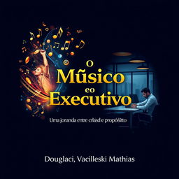 An eye-catching book cover design for 'O Músico e o Executivo' with the subtitle 'Uma jornada entre criatividade e propósito'