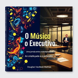 An eye-catching book cover design for 'O Músico e o Executivo' with the subtitle 'Uma jornada entre criatividade e propósito'